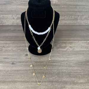 Womens 3 Layered Gold Tone Link Chain Charm Droplet Pendant Necklace Puka Shell